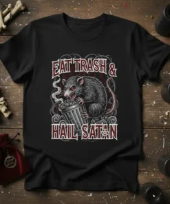 Eat Trash & Hail Satan t-shirt design featuring a detailed illustration of a rat digging through a trash can with