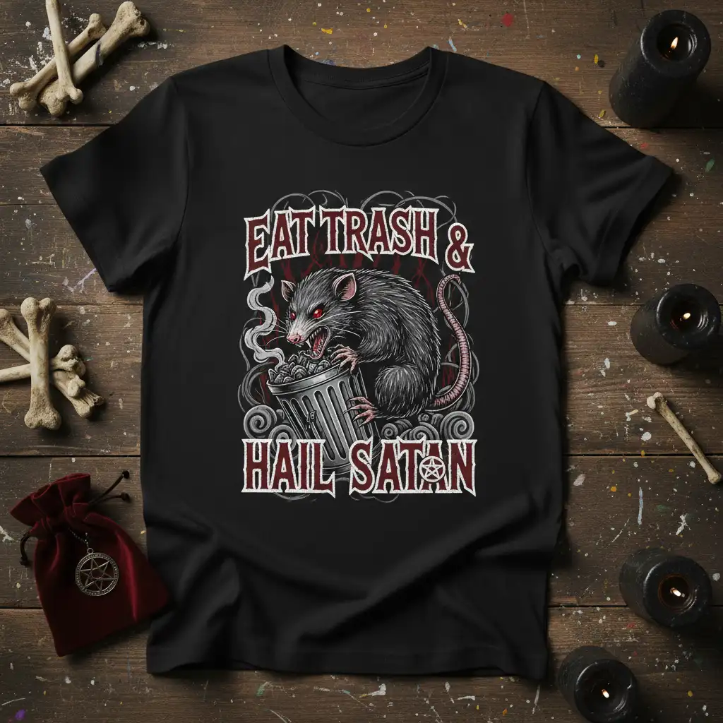 Eat Trash & Hail Satan quote t-shirt with a detailed illustration of a fierce rat and a trash can, dark gothic style