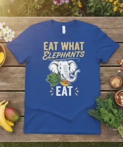 Eat What Elephants Eat t-shirt design featuring a happy elephant eating vegetables with bold text