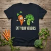 Eat Your Veggies t-shirt with cartoon carrot and broccoli characters smiling and waving, promoting healthy eating