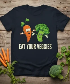Eat Your Veggies t-shirt with cartoon carrot and broccoli characters smiling and waving, promoting healthy eating