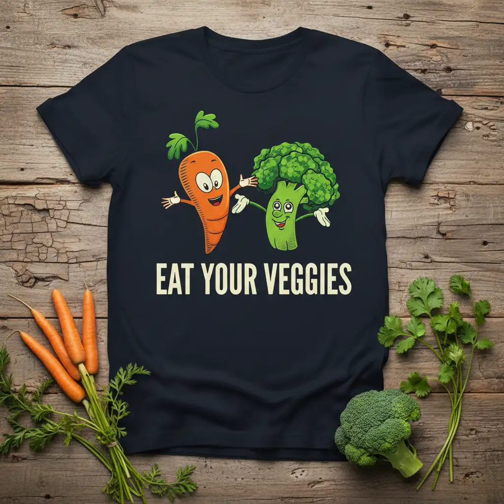 Eat Your Veggies t-shirt design with a happy cartoon carrot and broccoli promoting healthy eating and a plant-based lifestyle