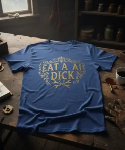 Blue t-shirt with gold "Eat A AI Dick" text and wrench graphic, framed by ornate filigree