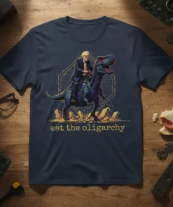 Bernie Sanders riding a dinosaur with the text "eat the oligarchy" on a navy blue t-shirt