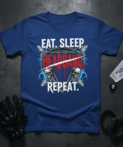 Eat. Sleep. Headbang! Repeat. text with skull and guitar graphics on a blue t-shirt, suitable for heavy metal fans