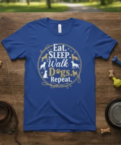 Blue t-shirt with "Eat. SLEEP. Walk Dogs. Repeat." text and dog graphics in a circle