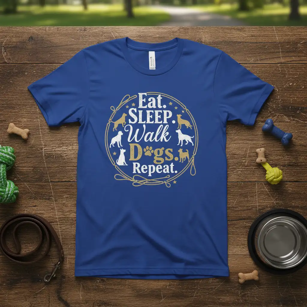 Eat. SLEEP. Walk Dogs. Repeat. text with dog silhouettes on a blue t-shirt design