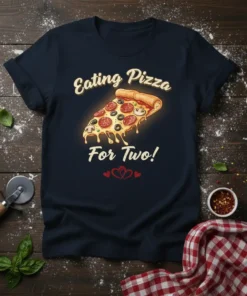 Eating Pizza For Two! text with a slice of cheesy pizza graphic on a navy t-shirt