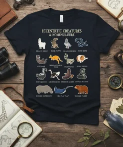 T-shirt design titled 'Eccentric Creatures & Nomenclature' with illustrations of unique animal names like Giraffe Sheep and Trash Panda
