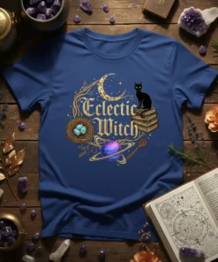 Eclectic Witch t-shirt with a black cat on books under a crescent moon and celestial graphics