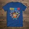Ecuador Hispanic Heritage t-shirt with colorful text and a cartoon character holding the Ecuador flag surrounded by heart flags