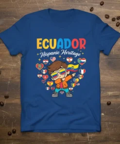 Ecuador Hispanic Heritage t-shirt with colorful text and a cartoon character holding the Ecuador flag surrounded by heart flags