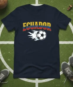 Navy blue t-shirt with "ECUADOR" text in yellow, red, and blue, and a flaming soccer ball graphic