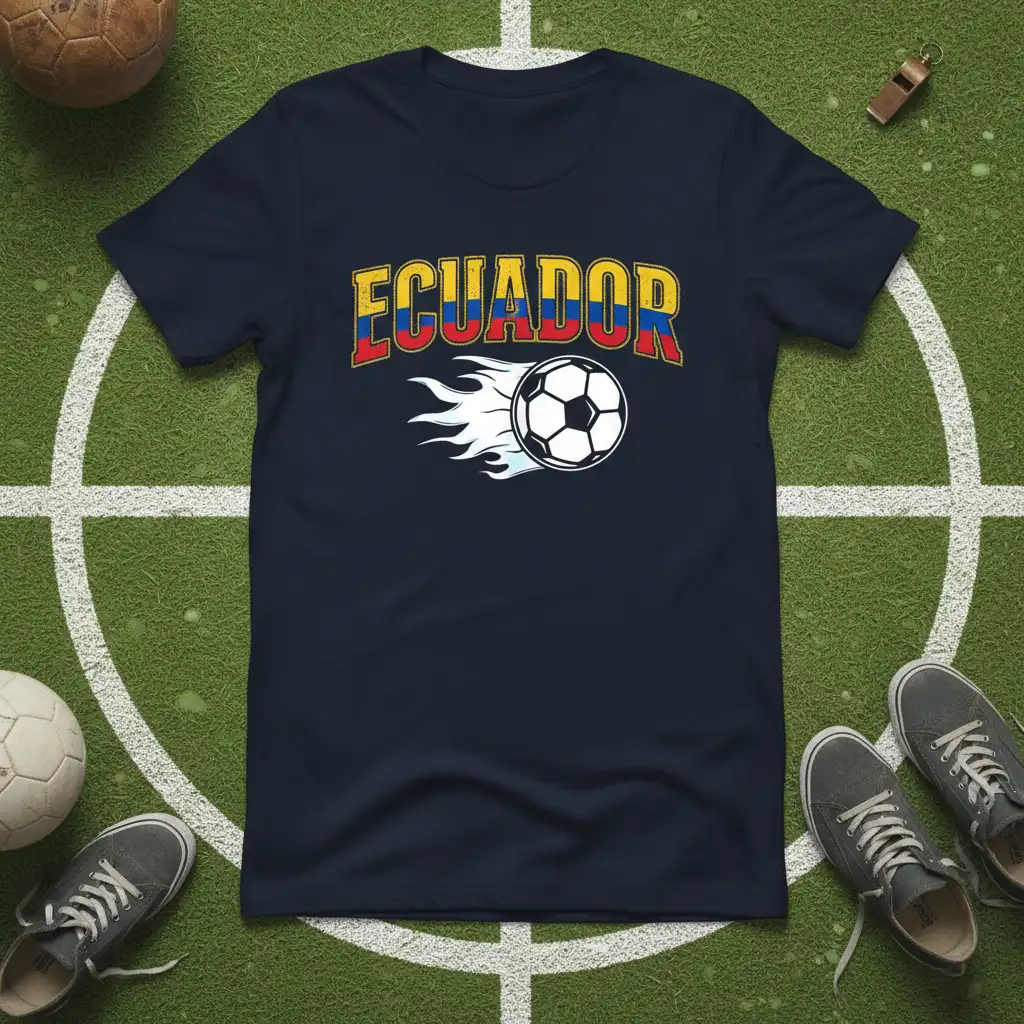 Navy blue t-shirt showcasing the word ECUADOR with flag colors and a fiery soccer ball design