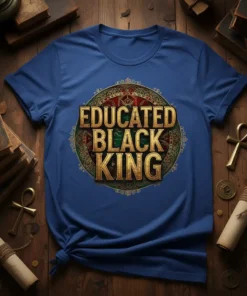 Educated Black King text in gold metallic font on a royal blue t-shirt, with ornate circular border design