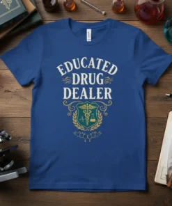 Educated Drug Dealer t-shirt with medical caduceus emblem and chemistry graphics