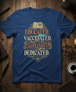 Educated Vaccinated Caffeinated Dedicated quote on a blue t-shirt, featuring a book, syringe, and coffee cup graphic