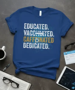 EDUCATED. VACCINATED. CAFFEINATED. DEDICATED. unique graphic design printed on comfortable cotton t-shirt