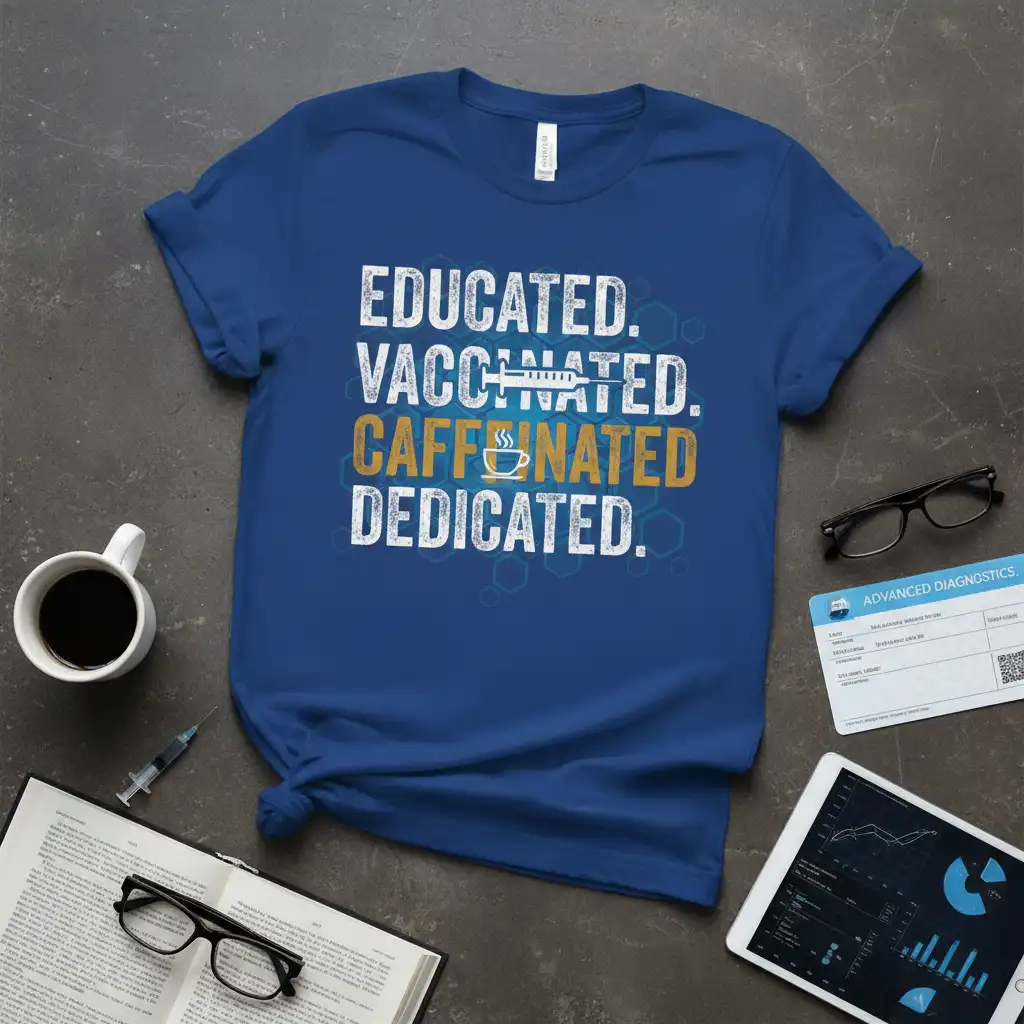 EDUCATED. VACCINATED. CAFFEINATED. DEDICATED. bold typography printed on soft premium material creating a standout t-shirt