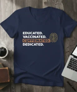 Educated. Vaccinated. Caffeinated. Dedicated. text with brain graphic on navy t-shirt