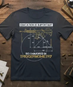 Education Is Important So I Majored In Triggernometry T-Shirt design featuring an AR-15 blueprint and trigonometric functions