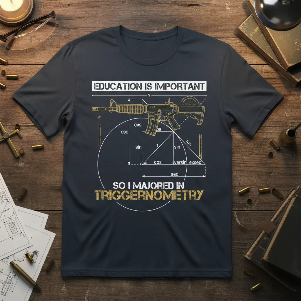 Education Is Important So I Majored In Triggernometry quote on a dark t-shirt with AR-15 blueprint and math equations