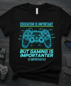 Black t-shirt with glowing blue diagram of a video game controller and the text "EDUCATION IS IMPORTANT BUT GAMING IS