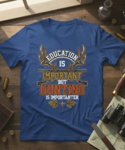T-shirt with "Education Is Important But Hunting Is Importanter" quote, featuring antlers and rifles graphic