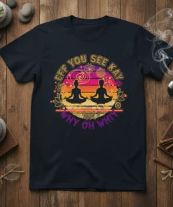 T-shirt design with "Eff You See Kay Why Oh Whiz" text and two people meditating, surrounded by floral and sunset