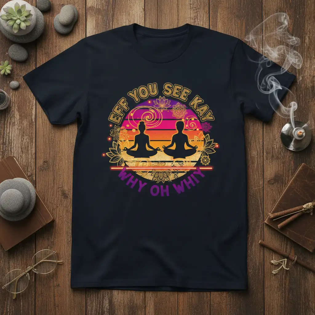 Eff You See Kay Why Oh Whiz humorous quote tee with meditating figures and vibrant sunset mandala design
