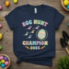 Egg Hunt Champion 2025 t-shirt design with pastel bunny-shaped sperm, an Easter egg, and carrots