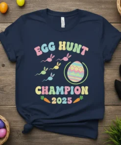 Egg Hunt Champion 2025 t-shirt design with pastel bunny-shaped sperm, an Easter egg, and carrots