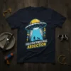 Egg-Straterrestrial Abduction t-shirt design with a UFO abducting a person and dog, featuring bold yellow and blue text