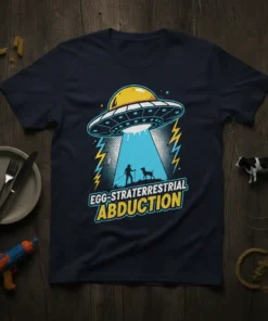 Egg-Straterrestrial Abduction t-shirt design with a UFO abducting a person and dog, featuring bold yellow and blue text