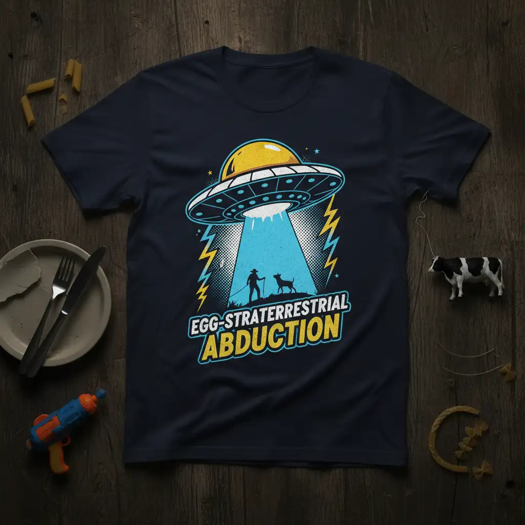 Egg-Straterrestrial Abduction t-shirt design featuring a UFO and silhouette of a person with a dog being beamed up