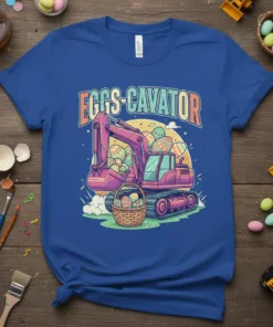 EGGS-CAVATOR text above a pink excavator loading Easter eggs into a basket, on a blue t-shirt