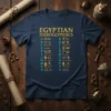 Egyptian Hieroglyphics Alphabet Chart T-Shirt showing A to Z symbols with translations