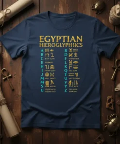 Egyptian Hieroglyphics Alphabet Chart T-Shirt showing A to Z symbols with translations