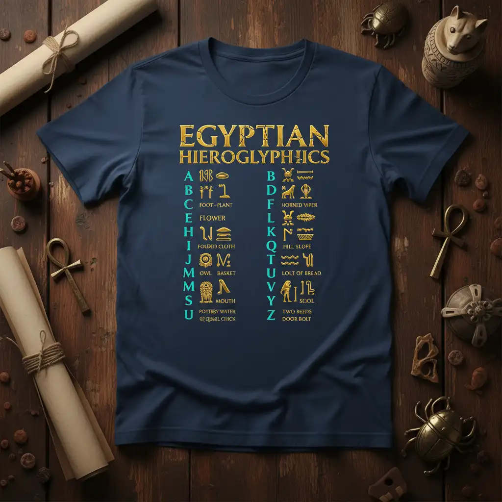 Egyptian Hieroglyphics Alphabet Chart T-Shirt with gold symbols and translations for learning ancient Egypt