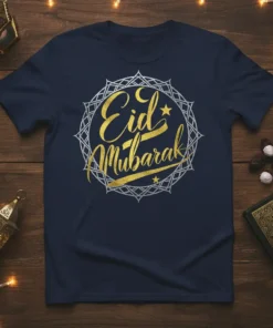 Eid Mubarak text in gold and silver calligraphy on a navy t-shirt, featuring a circular geometric design with a moon
