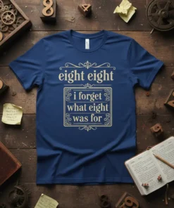 Navy blue t-shirt with cream text that reads "eight eight i forget what eight was for" in a decorative font