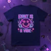 Neon "Eight Is A Vibe" text with a retro smiley face and peace signs on a navy t-shirt