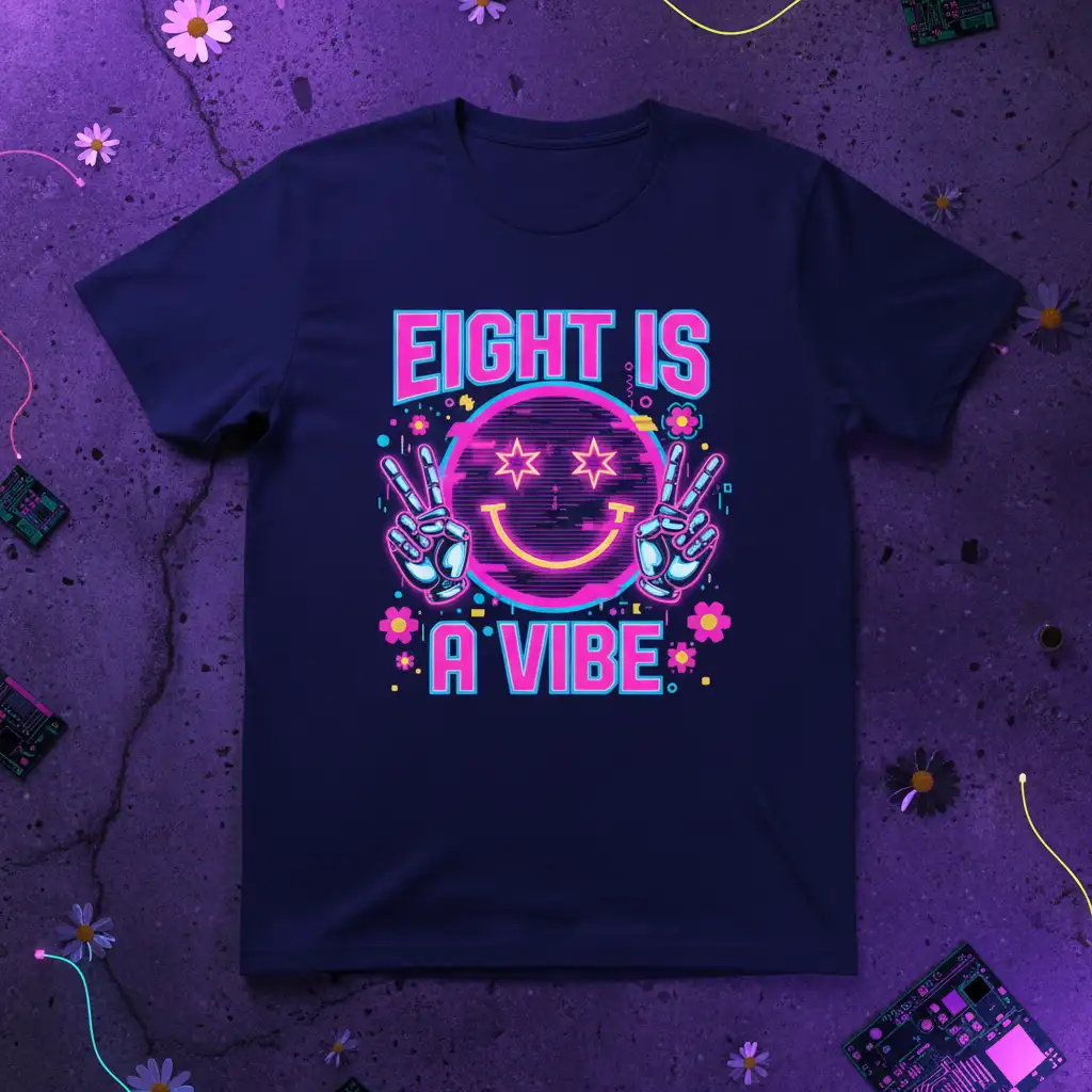 Neon Eight Is A Vibe text with smiley face and peace signs, retro 80s birthday graphic tee