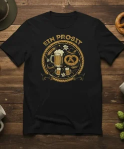 Ein Prosit Oktoberfest T-Shirt design with beer mugs, pretzels, hops, and dachshunds in a circular emblem