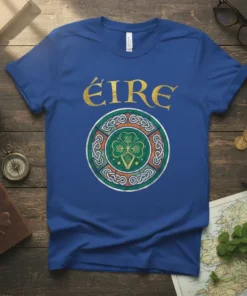 Éire Celtic Shamrock T-Shirt design with gold text, green shamrock, and intricate Celtic knot border in green and white
