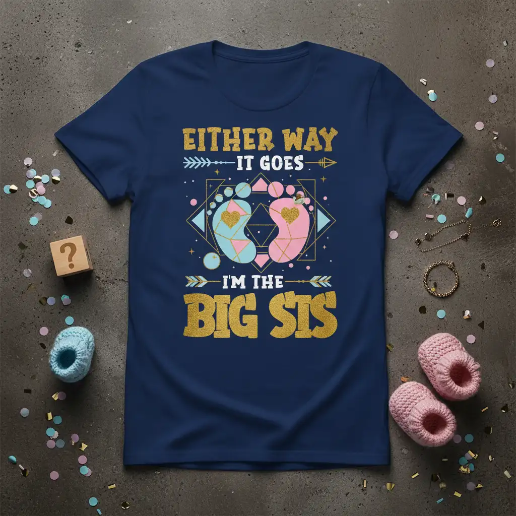 Either Way It Goes I'm The Big Sis text with pink and blue baby footprint graphics on a navy t-shirt