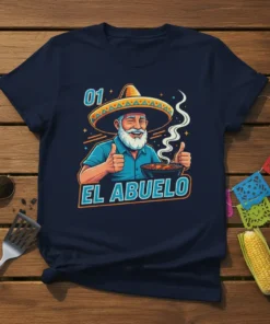 El Abuelo t-shirt design with a smiling grandfather wearing a sombrero and grilling, giving two thumbs up