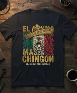 El Abuelo Mas Chingon T-Shirt with Mexican flag bear design and Spanish quote "El Jefe Con Gran Corazón."