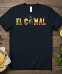 Black t-shirt with "El Comal" text and a cast iron skillet graphic, representing Mexican cooking
