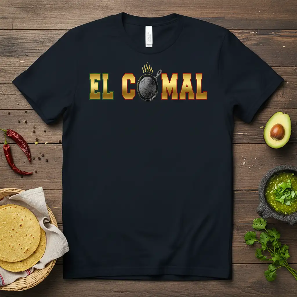 Black El Comal t-shirt featuring a cast iron skillet graphic, ideal for Mexican food lovers